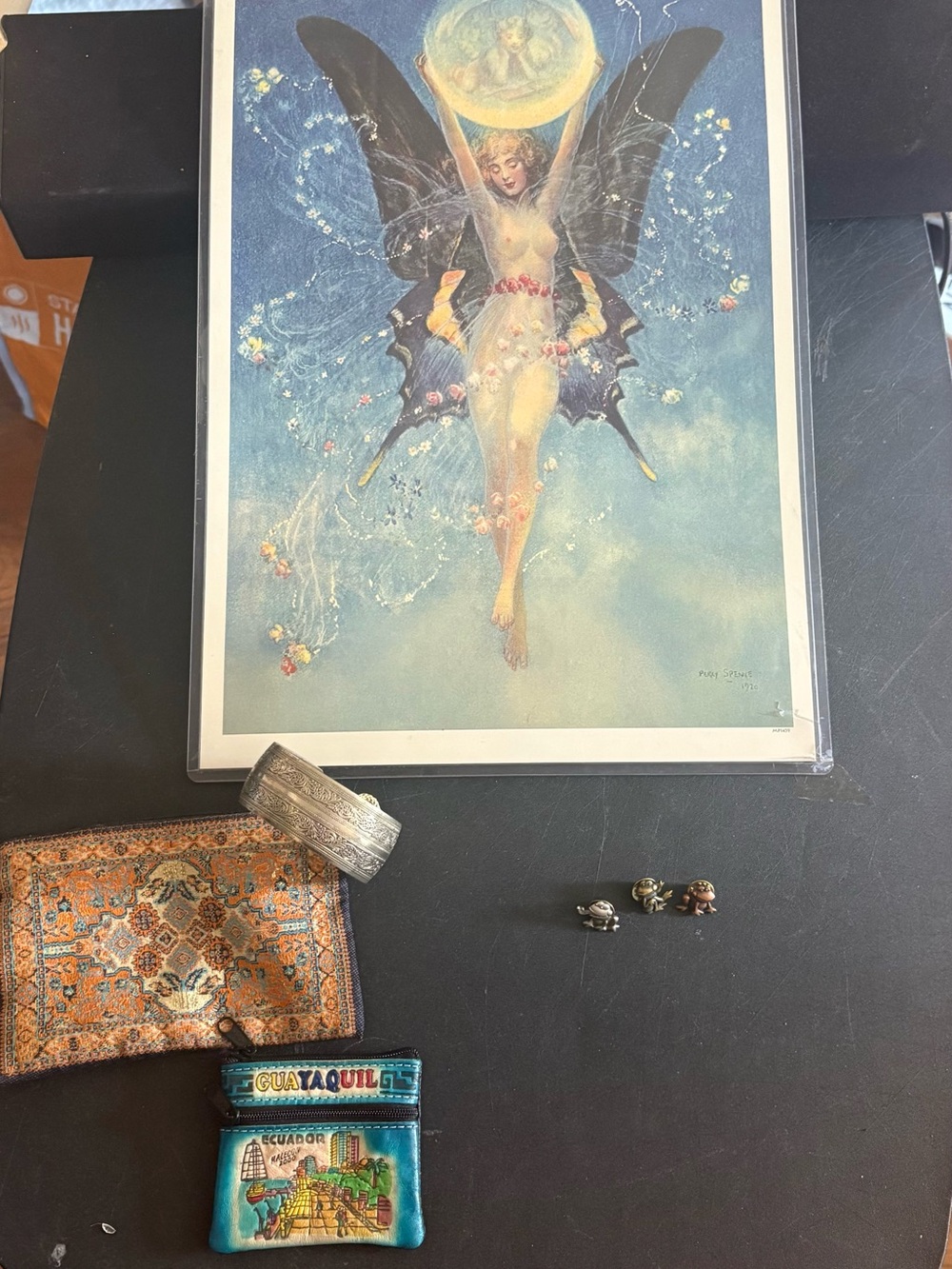 Artsy fairy print w/brass frog pins,bangle,cloth pouches bundle